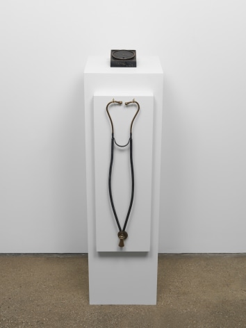Yoko Ono  Eternal Time (Bronze, cast of 1965 version), 1988  Bronze stethoscope, clock on pedestal  Stethoscope length: 24 in (61 cm) Clock: 4 3/4 x 4 x 2 in (12 x 10.15 x 5 cm)  Edition 3 of 9 with 2 APs (#5/9)  (GP1804)