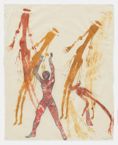 Nancy Spero Goddess and Dancing Figures, 1985 Hand-printing and collage on paper 24.5 x 19.5 inches (62.2 x 49.5 cm) Framed: 31.5 x 26.5 x 1.5 inches (80 x 67.3 x 3.8 cm)  GL10591