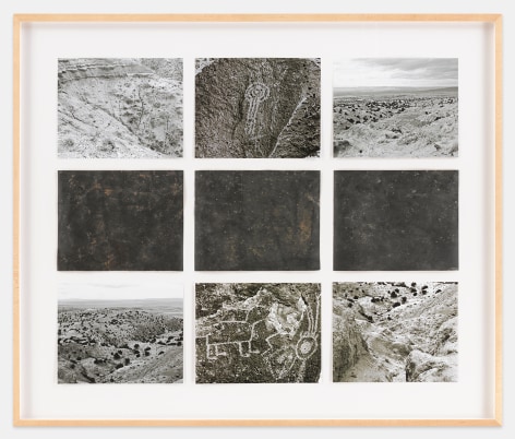 Michelle Stuart Petroglyph, Three Rivers, New Mexico, 1978 earth, graphite, muslin-mounted paper, photographs by artist from 1978 (assembled in 2010) Framed: 32.75 x 38.75 x 1.5 inches (83.2 x 98.4 x 3.8 cm) (GL14998)