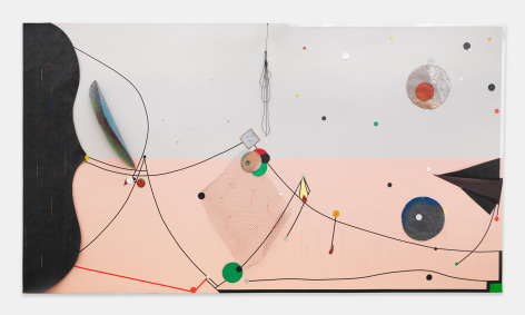 Carl E. Hazlewood BlackHead Anansi: Constellations, 2022 Polyester, vinyl tape, push pins, map pins, oil pastel, mesh, metallic cord, and pigment ink 154 x 277 x 5 1/2 in (391.2 x 703.6 x 14 cm)