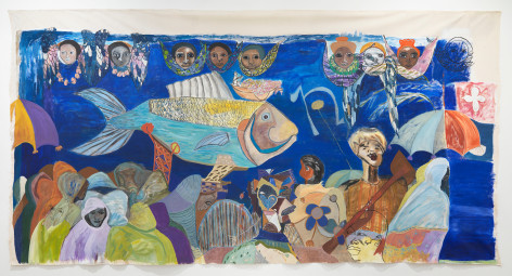 Ficre Ghebreyesus  The Sardine Fisherman's Funeral, 2002   Acrylic on unstretched canvas  96 x 188 inches (243.8 x 477.5 cm)   GL13878