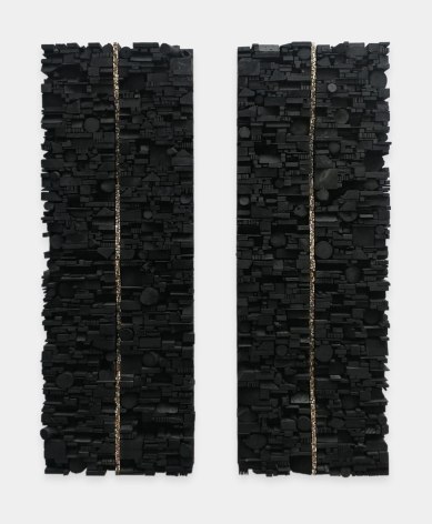 Leonardo Drew Number 231, 2020 Wood and paint Diptych, each: 73 x 24 x 5 inches (185.4 x 61 x 12.7 cm) Overall: 73 x 55 x 5 inches (185.4 x 139.7 x 12.7 cm)