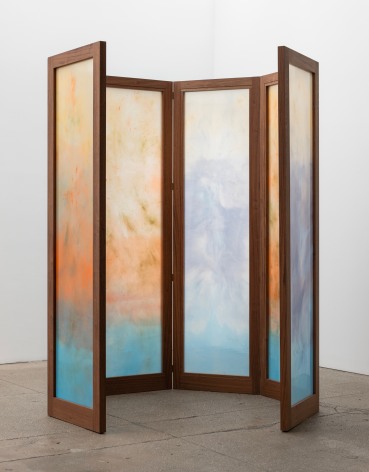 Chris Watts Ambient Painting V, 2024 Sapele, metal fixtures, poly-chiffon, resin, acrylic, natural and artificial pigments Six panel screen; each: 108 x 32 x 2 in (274.3 x 81.3 x 5.1 cm) Total: 108 x 92 in (274.3 x 233.7 cm) (GL16383)