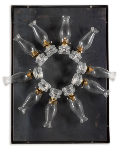 Jannis Kounellis Untitled, 2009, Glass, oil lamps mounted on iron sheet, 41 x 29 x 9 inchs (104 x 73.5 x 22 cm)