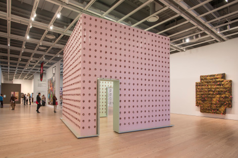 POPE.LClaim (Whitney Version)2017Baloney, acrylic paint, photocopies, open bottle of MD 20/20 fortified wine, drywall, pushpins, frame, and graphiteInstallation view of the Whitney Biennial, The Whitney Museum of American Art, New York, 2017&nbsp;Photo: Bill Orcutt