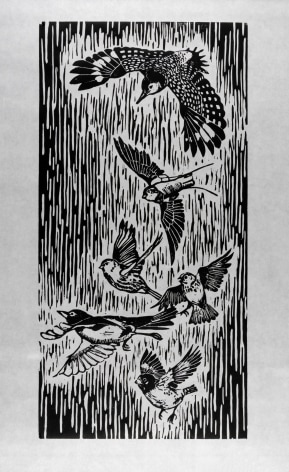 Sachiko Akiyama  Migration, n.d.  Woodblock print on paper  22h x 11w in 55.88h x 27.94w cm  SA_004, black and white wood block print of migratory birds
