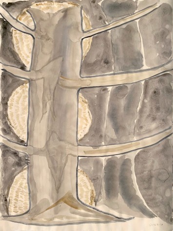 Gerald van de Wiele  Silver Grey, 20019  Watercolor on paper  24h x 17 7/8w in, watercolor painting in light grey and silver of a forest scene/tree trunks.