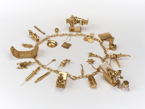 Margaret Curtis  Charm Bracelet of My Reproductive Career, 2020  Mixed Media  Dimensions Variable, charm bracelet featuring several charms depicting stages of a woman's reproductive life.