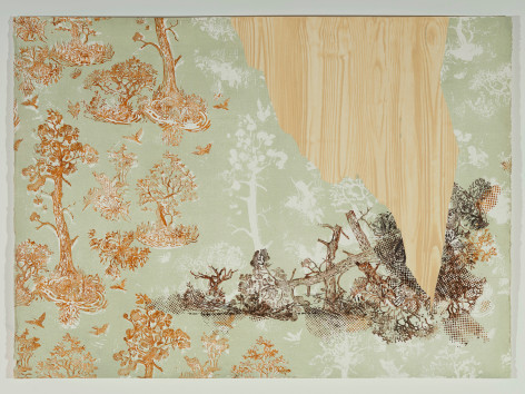 Painting of wallpaper and exposed wood, by Margaret Curtis