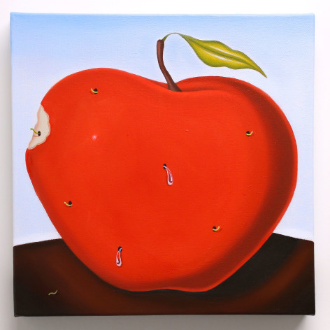 a bright red apple sits on a table with a blue cloud filled sky in the background. There is a single bite taken out of the left side