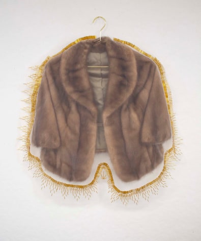April Dauscha  Sash, 2020  Tulle, the artist's great-grandmother's sash, thread, glass beads  98h x 15w in Mink stole covered in tulle with beads