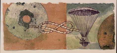 Adrift, 2021  Monotype on handmade paper  11h x 26 1/2w in paper size, Framed: 15h x 30w in, warm colors (oranges, yellows, greens) image of a parachute, nautical knot and gears