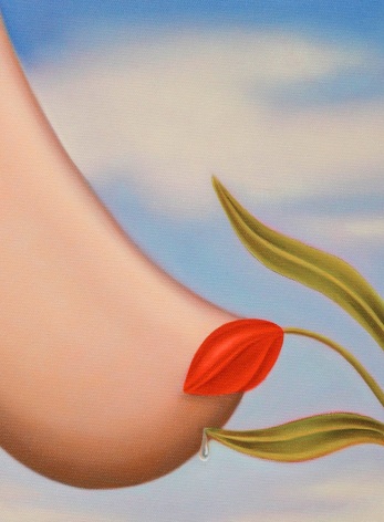 painting of a blue sky with fluffy clouds with a breast that has a red flower petal covering the nipple. Also includes green leaves and a rain drop