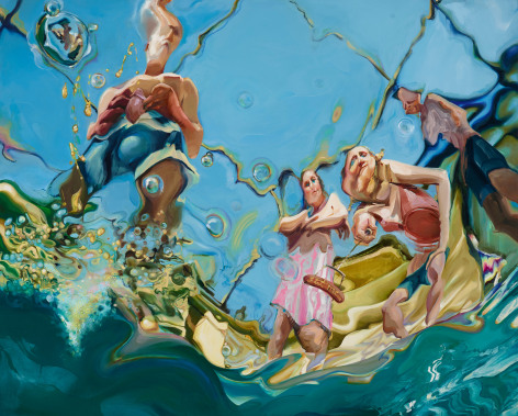 Margaret Curtis  Trial by Water: The Pool Party, 2016  Oil on Panel  48h x 60w in 121.92h x 152.40w cm  MC_015, painting from the position of the viewer, under water while being taunted by people above&quot; ONe male pees in the pool while the other holds a hot dog that reads &quot;eat me&quot; in mustard