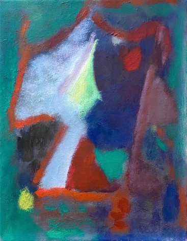 abstract oil on canvas with greens, blues and reds as dominant colors
