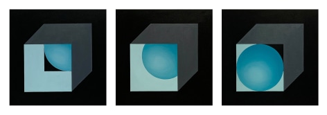 Geometric abstract triptych painting with sphere and cube shapes, by Ralston Fox Smith