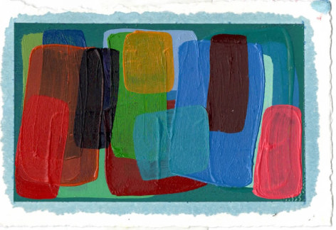 abstract work on paper with several layers of colored square and rectangles