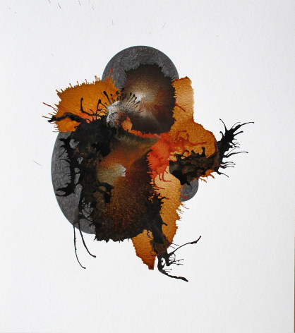 Ben Nixon Levitate, 2021, rust, reds, tans, and black acrylic abstraction with graphite spheres