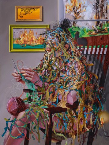 Margaret Curtis  Portrait of my Anxiety, 2019  Oil on Panel  48h x 36w x 2d in 121.92h x 91.44w x 5.08d cm, image of woman in rocking chair, knitting while covered in multi-colored yarn, (inspired by Whistler's Mother)