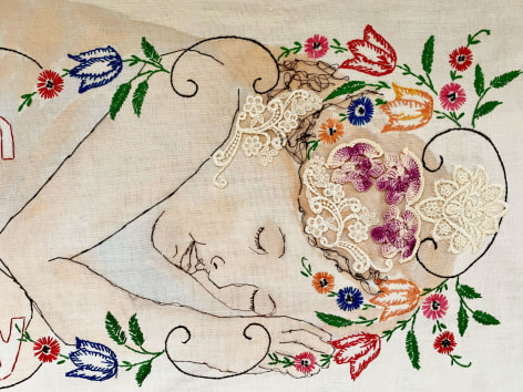 Hand-stitched embroidery of sleeping figure with overlaid flowers and other imagery