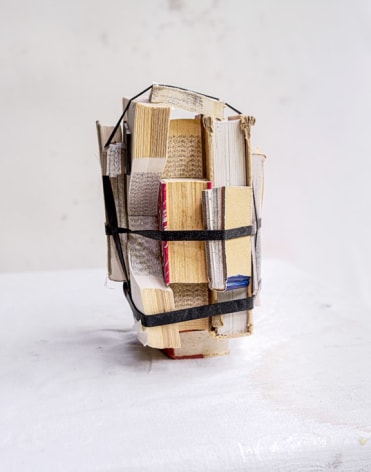 James Henkel  Eighteen From the Series Books, 2020  30h x 24w in 76.20h x 60.96w cm  Edition 5  JHe_057 pieces of various books strapped to 5 books; 3 undamaged and 2 that's had it's pages partially cut from the visible side when closed