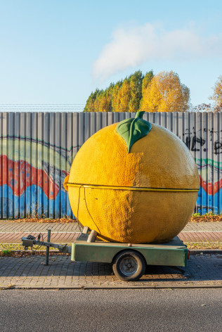 Color photograph of oversized orange on a trailer