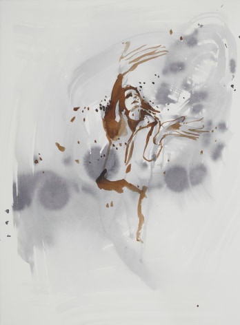 Margaret Curtis  Woman Swarmed by Flies (Small #3), 2019  Ink on paper  15h x 11w in 38.10h x 27.94w cm  Framed: 18h x 14 1/2w in 45.72h x 36.83w cm, gestural drawing of a woman (1/2 length) swatting flies, diagonal composition, rust, white and black ink wash