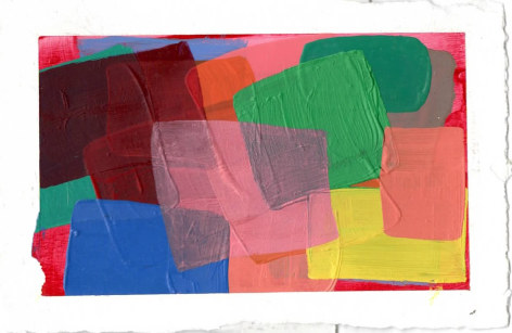 abstract work on paper with several layers of colored square and rectangles