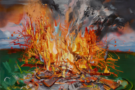 Margaret Curtis  Blazing World, 2020  Oil on Panel  48h x 60w in 121.92h x 152.40w cm  MC_053, oil painting of a bright yellow and orange fire, with textured swirls of smoke set in a landscape