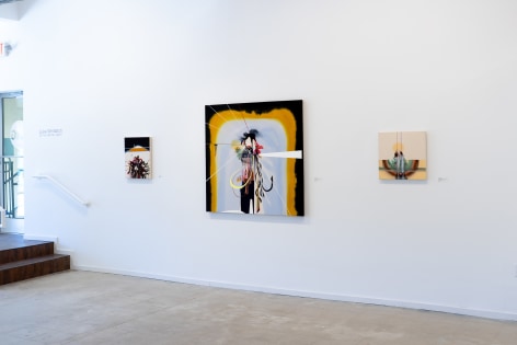 Three paintings by Luke Whitlatch. From left: Welcome to the Aftermath, Who is the Captain and Where do His Friends Live West to East, I Left Some Bones for the Beast