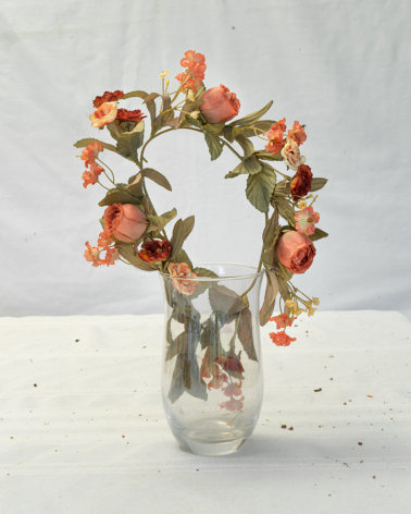 James Henkel  Arrangement #4 From the Series Botanicals, 2020  30h x 24w in 76.20h x 60.96w cm a single rose vine shaped to form a circle that is partially inside a glass flower vase