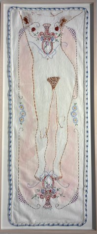 Embroidered image of a nude woman, from the torso down on a pale pink background and a basket of flowers