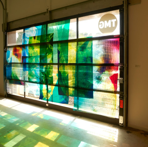 Random Walks, 2016 - ongoing  Modular transparency installation  Transparency C-prints  Dimensions variable, window installation containing colored c-print transparencies that are stitched together and hung.
