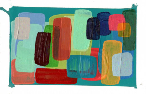 abstract work on paper with several layers of colored square and rectangles