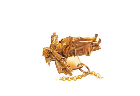 Margaret Curtis  C-Section, from the series &quot;A Charm Bracelet of My Reproductive Career&quot;, 2020  Oil on paper  15h x 22w in 38.10h x 55.88w cm  Framed: 18h x 25w in 45.72h x 63.50w cm, gold toned image of woman preparing for a c-section