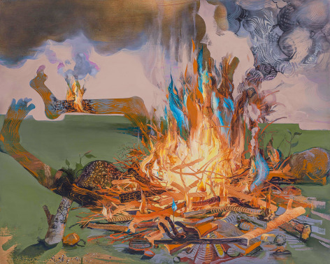 Margaret Curtis, Trial by Fire: The Body Politic, 2017  Oil on panel  48 x 63 inches, body shown aflame as in a campfire.