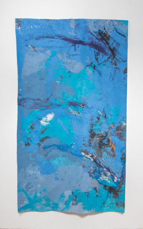 Randy Shull  Big Blue, 2021  Acrylic on hammock mounted to panel  114h x 66w in 289.56h x 167.64w cm  RS_041, like blues, greens and purples abstract work with fringe, texture and shapes from a nylon hammock