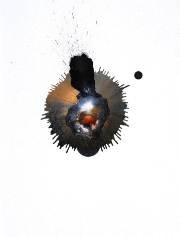 Ben Nixon  Molten Asteroid, 2021, central composition that includes black, yellow and white acrylic with graphite spheres