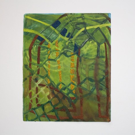 Mixed media hand-embroidered gouache and monoprint abstract green artwork by Erin Castellan