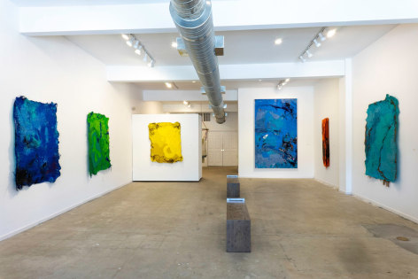 Full Gallery installation view of Randy Shull: SIESTA including works Moment in Blue, Jungle Vision, Yellow City, Big Blue, Tamale and Turquoise Siesta