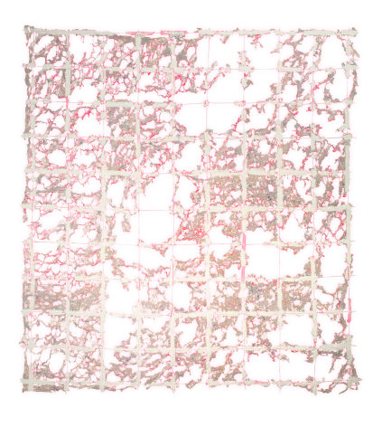 Rachel Meginnes  Safety Net, 2018  Deconstructed quilt, cotton fabric, cotton string, and acrylic  90h x 82w in, painting, contemporary art
