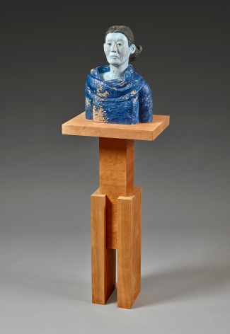 Sachiko Akiyama  Mountain, Sky, 2019  Wood, Paint, Resin  55h x 18w x 14d in. a bust made from mixed materials with a blue sweater and bluish skin