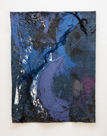 Randy Shull  Silent Moon, 2021  Acrylic on hammock mounted to panel  77h x 57w in 195.58h x 144.78w cm  RS_038, dark blues, purple an white abstraction with crescent shape fabric cut-outs and texture from nylon hammocks