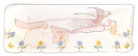 hand embroidered image of a blond haired person lying horizontal with a robin flying over overhead and a child in the fetal position underneath