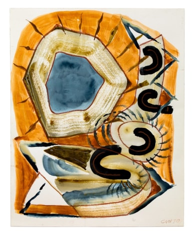 Gerald van de Wiele  Timpani Sounds, 2019  Watercolor on paper in artist hand carved frame  24h x 17 7/8w in, vertical abstraction of native drums, in browns, blue, yellow, grey. Hand carved, wood frame