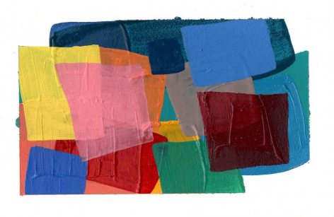 abstract work on paper with several layers of colored square and rectangles