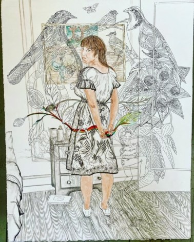 Orly Cogan  The life of Imagination, 2020  Ink, colored pencil, granite on paper  33h x 27w in, drawing of the artists in her studio, with birds