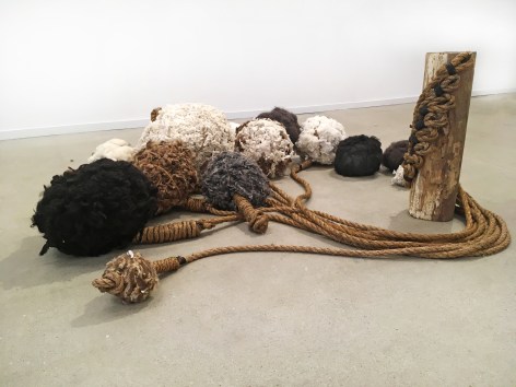 Molly Sawyer Held Adrift Animal fleece, rope, wood, steel pegs Dimensions variable, sculpture