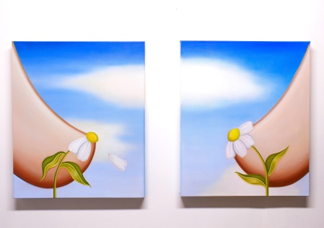 Diptych of two nude breasts against a cloudy blue sky. Daisy's cover the nipples.