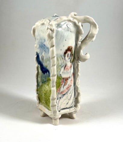 A white ceramic glitter shaker with a &quot;swing&quot; courtship painting on all for sides